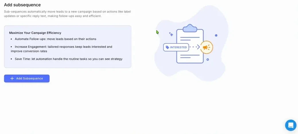 The Plusvibe add subsequence screen with setup instructions and a create button