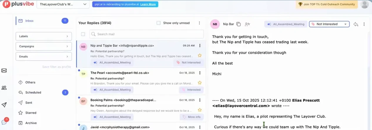 The Plusvibe unified inbox showing a reply conversation next to a list of categorized email threads